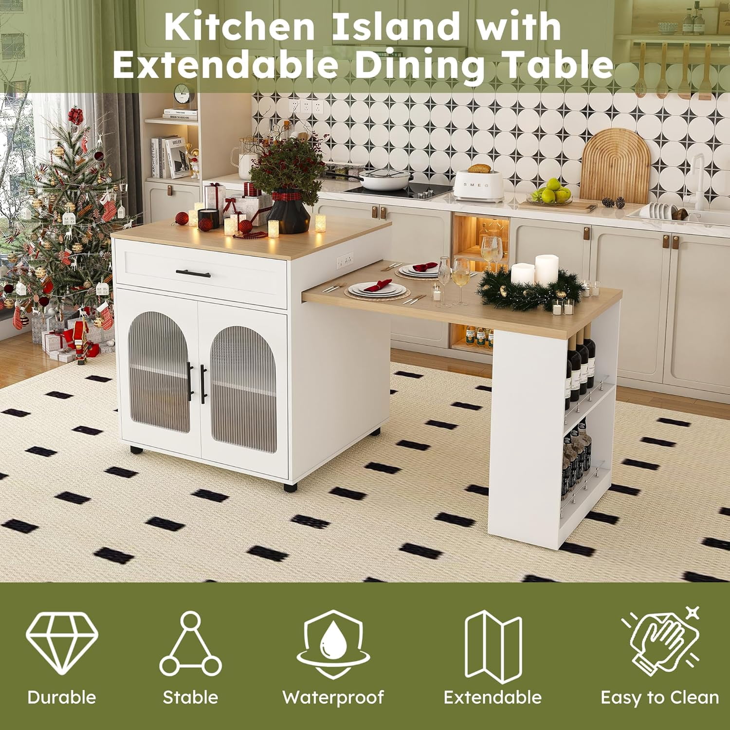 Montary 80" Expandable Kitchen Island with Extendable Table - Solid Wood Grain Countertop with Power Outlet & USB Ports, Mobile Cart with Double-Side Storage, Cabinet & Drawers (White)