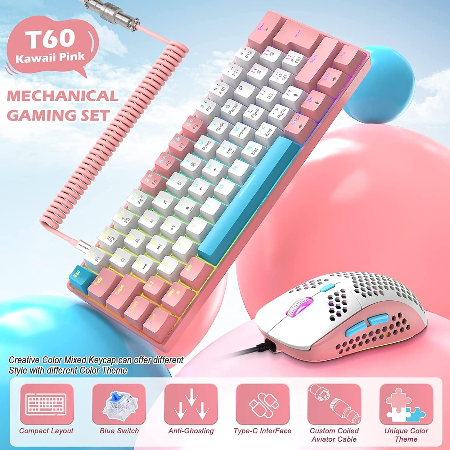 ZIYOU LANG T60 Wired Mechanical Keyboard&Mouse Combo,Rainbow Backlit 6400DPI RGB-Pink/Blue Switch