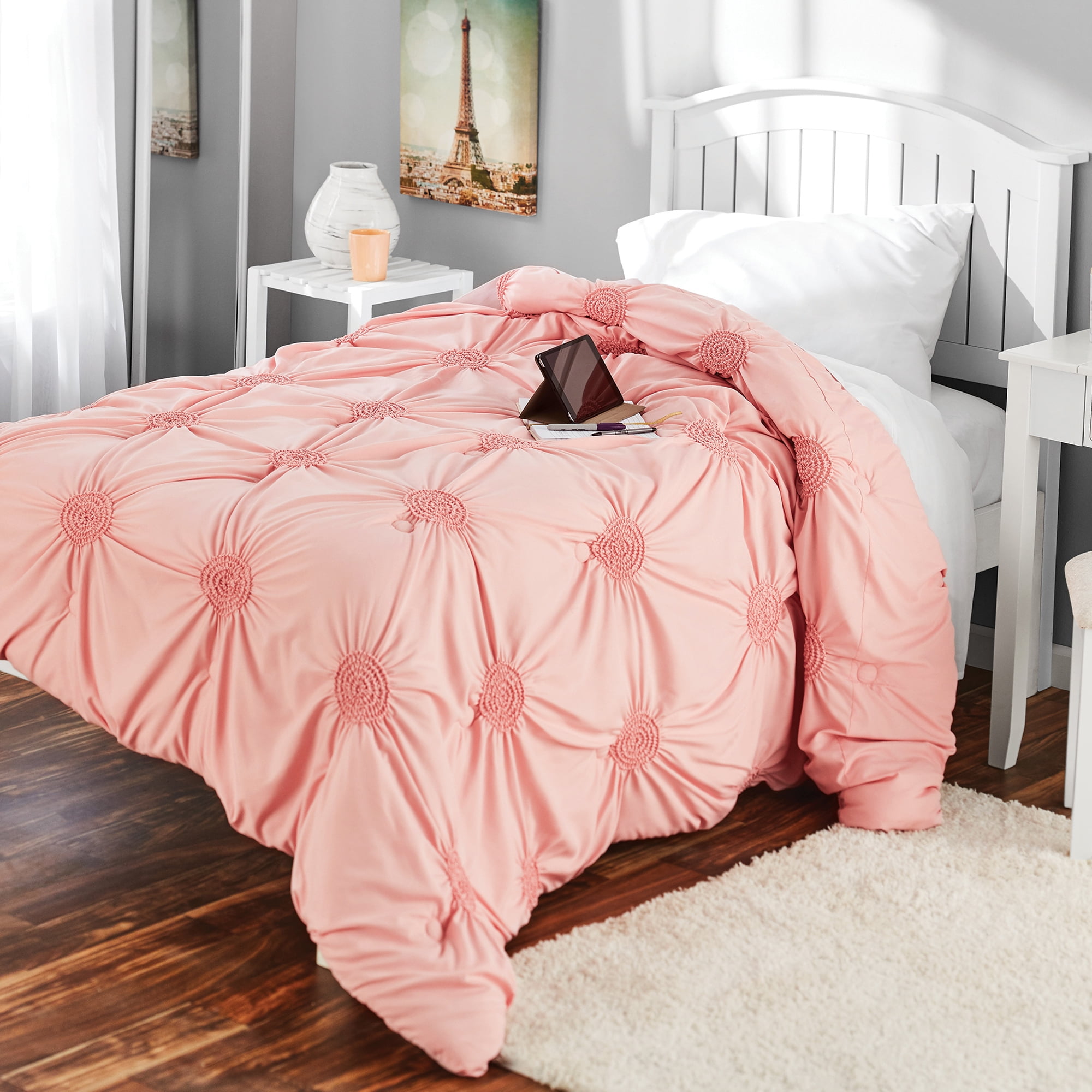 Mainstays Solid Elastic Circle Ruched Microfiber Comforter Blush