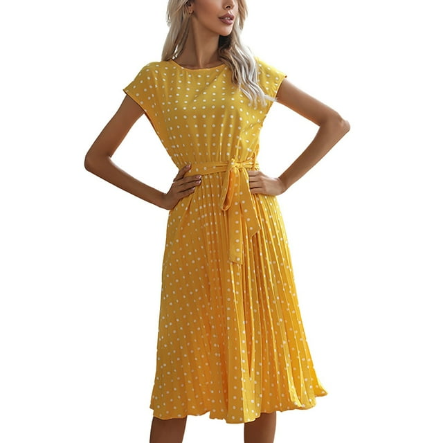 WILLBEST Vestido Largo Informal Fluido con Cinturón y Estampado de Lunares para Mujer, Ideal para Vacaciones Diarias, Primavera, Verano y Otoño. Grande