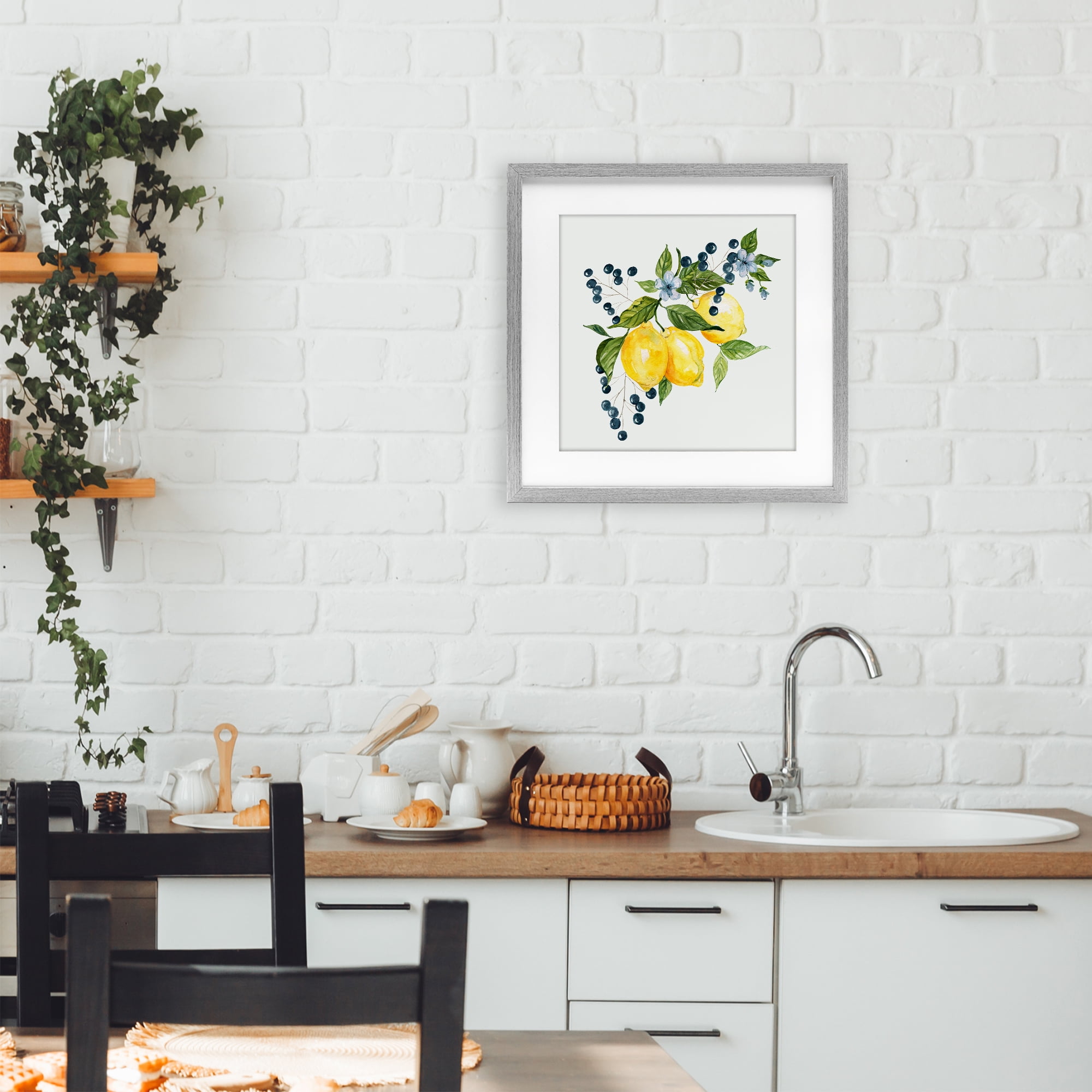 Stupell Industries Lemon Branch with Berries Gray Framed Print Under Glass, design by Livi Finn