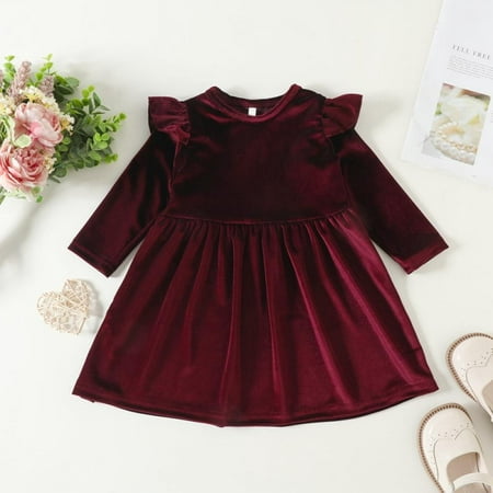 

Esho Toddler Girls Velvet Swing A-Line Dresses Pageant Party Gown Baby Girl Ruffle Long Sleeve Wedding Evening Dress 6M-5T