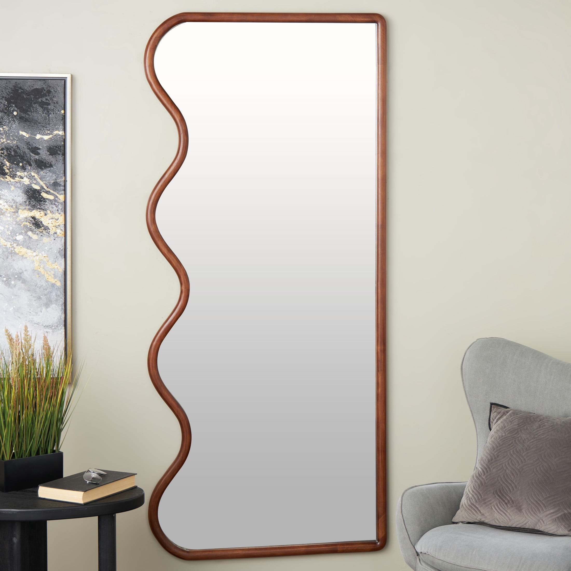 DecMode 32" x 70" Brown Wavy Abstract Wall Mirror