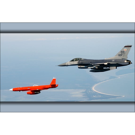 24"x36" Gallery Poster, MQM-107E Streaker drone in flight alongside F-16 Fighting Falcon