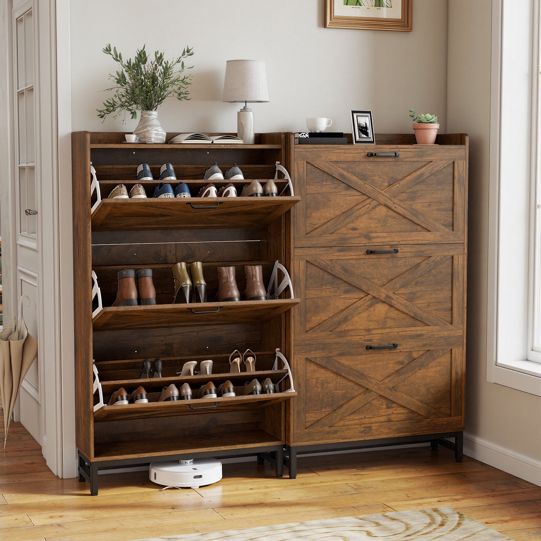 MOONMISS Shoe Storage Cabinet with 3 Flip Drawers and Open Storage,Rustic Wooden Shoe Organizer for Entryway Hallyway