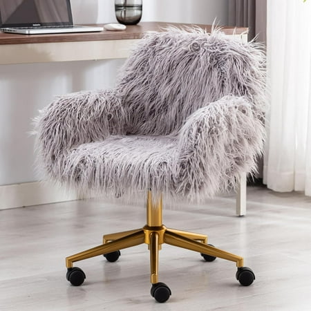 

Faux Fur Vanity Chair Grey Arm Chrome Base Office Compact Padded Seat Upholstered Decorative Ottoman Desk Chairs for Teens Girls Living Room Bedroom and Dressing Room