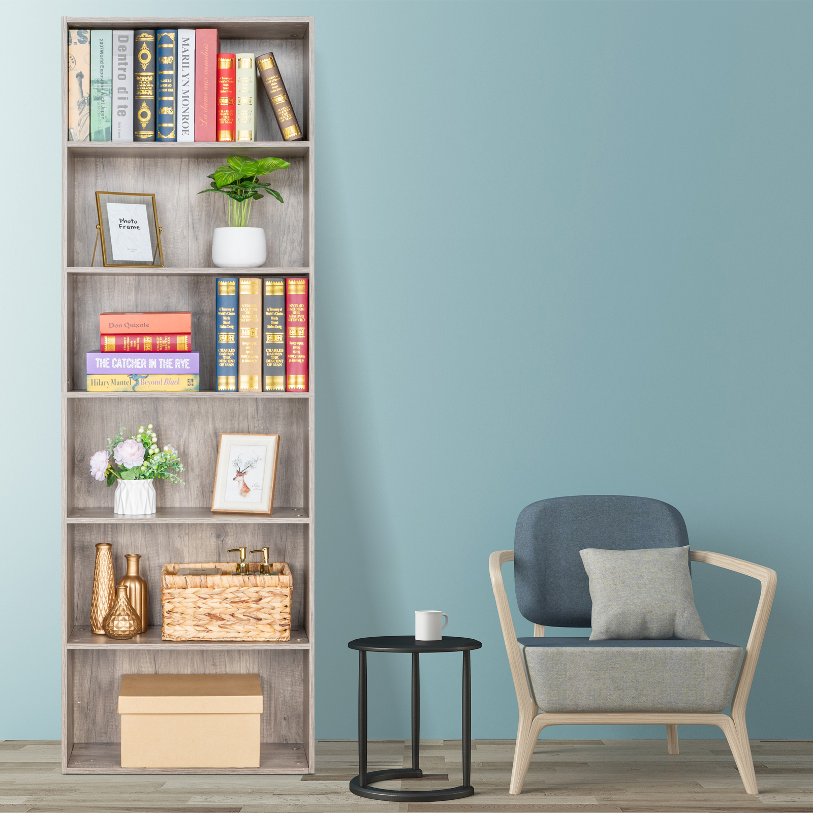 70" Bookshelf, Bookcase 6 Shelf Free Standing Display Storage Shelves