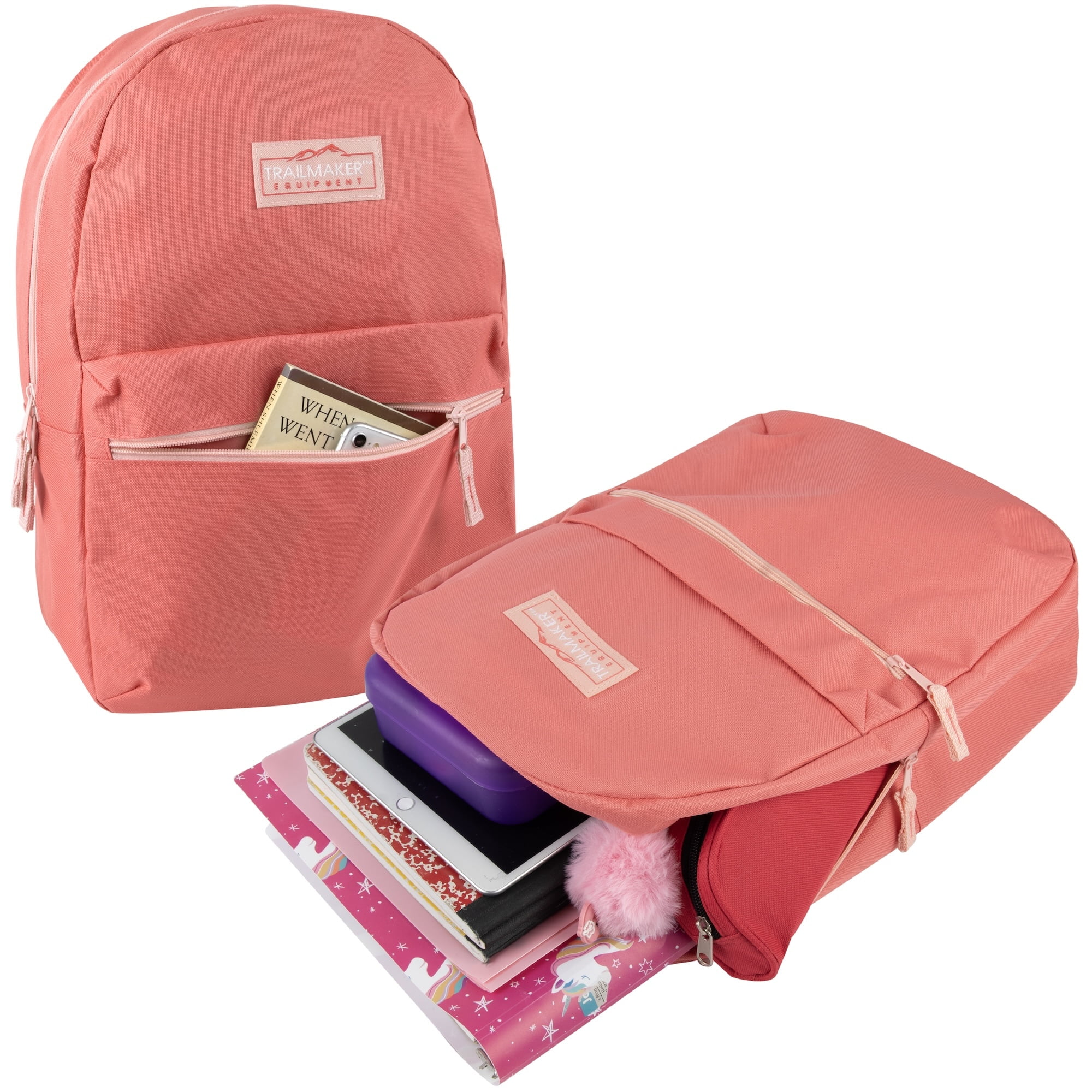 Classic Solid Color 17 Inch Backpack with Front Zipper Accessory Pocket, Dual Zipper Closure & Padded Shoulder Straps for Work, Office, Gym, Sports, Travel, Commute & Recreation in Coral