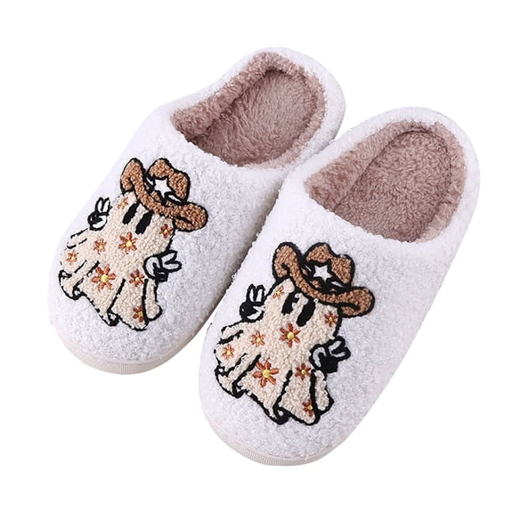 XIMIN Women's Halloween Cowboy Hat Slippers - Thick Plush Cotton House Shoes, Warm Cozy Indoor Winter Slippers with Thick Sole (White, 7)