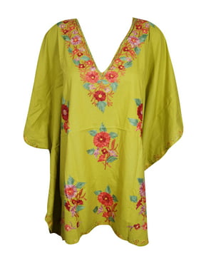 Mogul Womens Olive Green Caftan Dress Floral Hand Embroidered Short Kaftan One Size