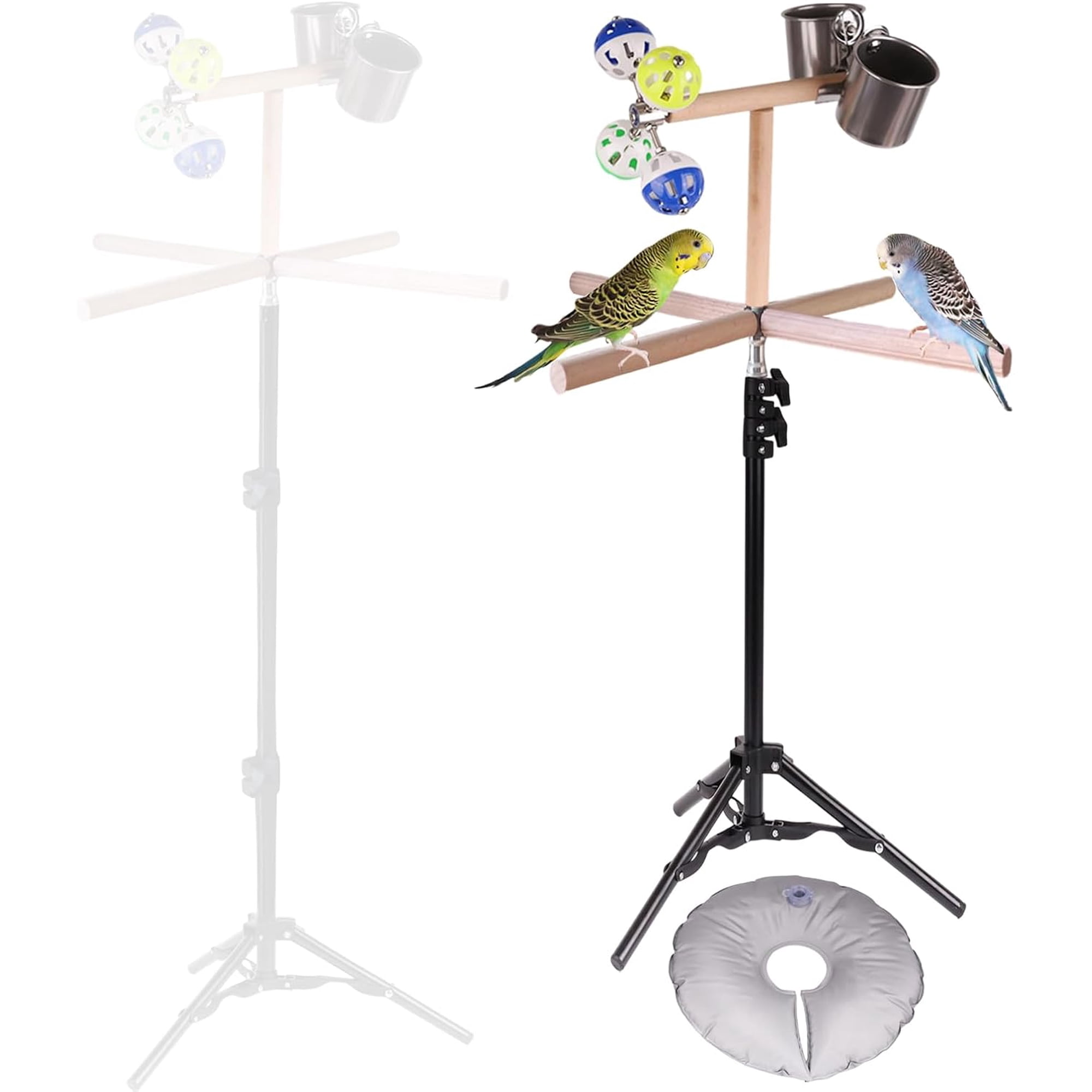 Bird Stand for Inside, Training T-Perch with 15-39 Inch Adjustable Height Tri-pod Base, Parakeet Spinning Perch with Feeding Cups, Water Bag to Add Weight and Stanble Parrot Exercise Stand for Inside