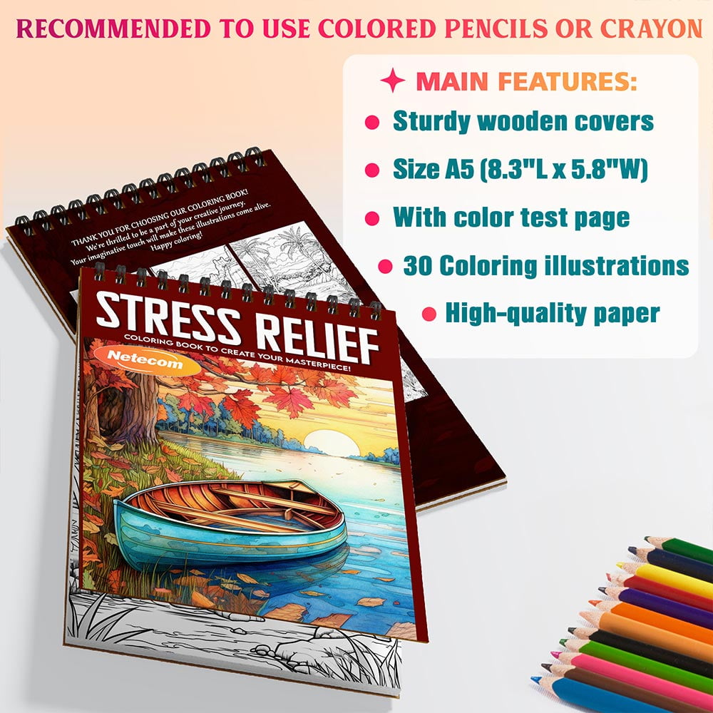 Netecom Stress Relief Coloring Book Spiral Bound For Adults, A5 Wooden Cover, 30 Calming Coloring Pages of Tranquil Landscapes for Stress Relief and Relaxation