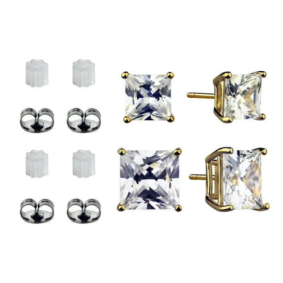 Brilliance Fine Jewelry Women's Simulated Diamond Duo Square Earring Set in 14KT Gold Plated Sterling Silver