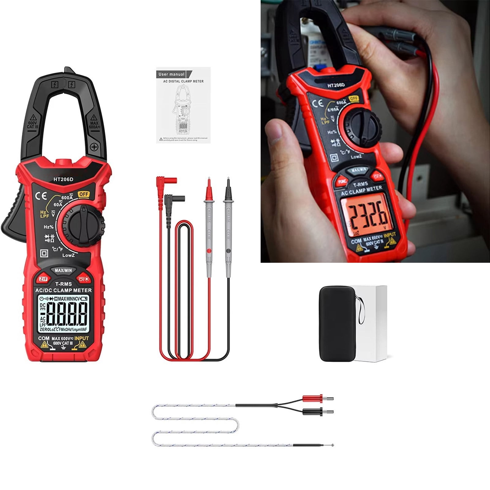 BIBABLYKE HT206D Portable Multifunction Clamp Meter NCV TRMS Flashlights Testing 6000 Count Multimeter with Detection Pen