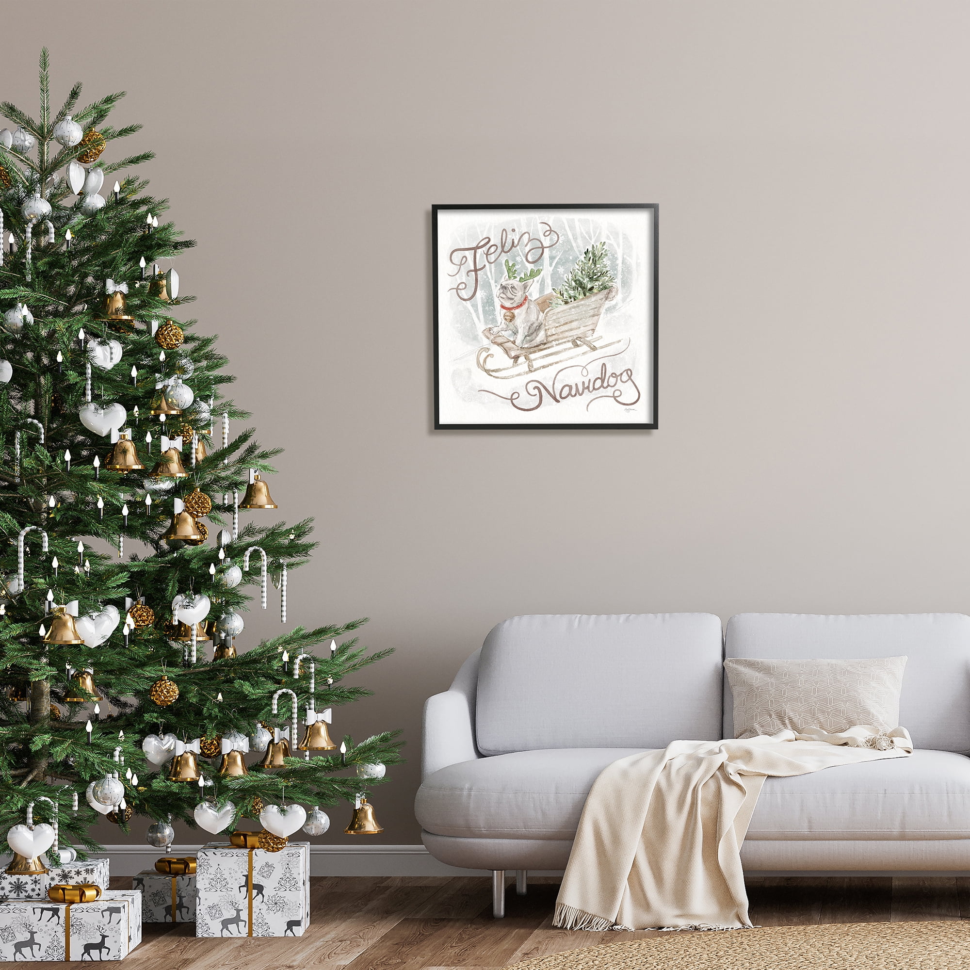 Stupell Industries Feliz Navidog Bulldog Holiday Painting Black Framed Art Print Wall Art, 24 x 24