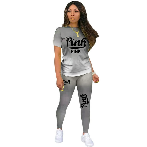 New Women's Gradient Print Set Outfits Acitve Short Sleeve Tee and Legging  Pants Two Piece Set Sexy Tracksuit Sweatsuit 