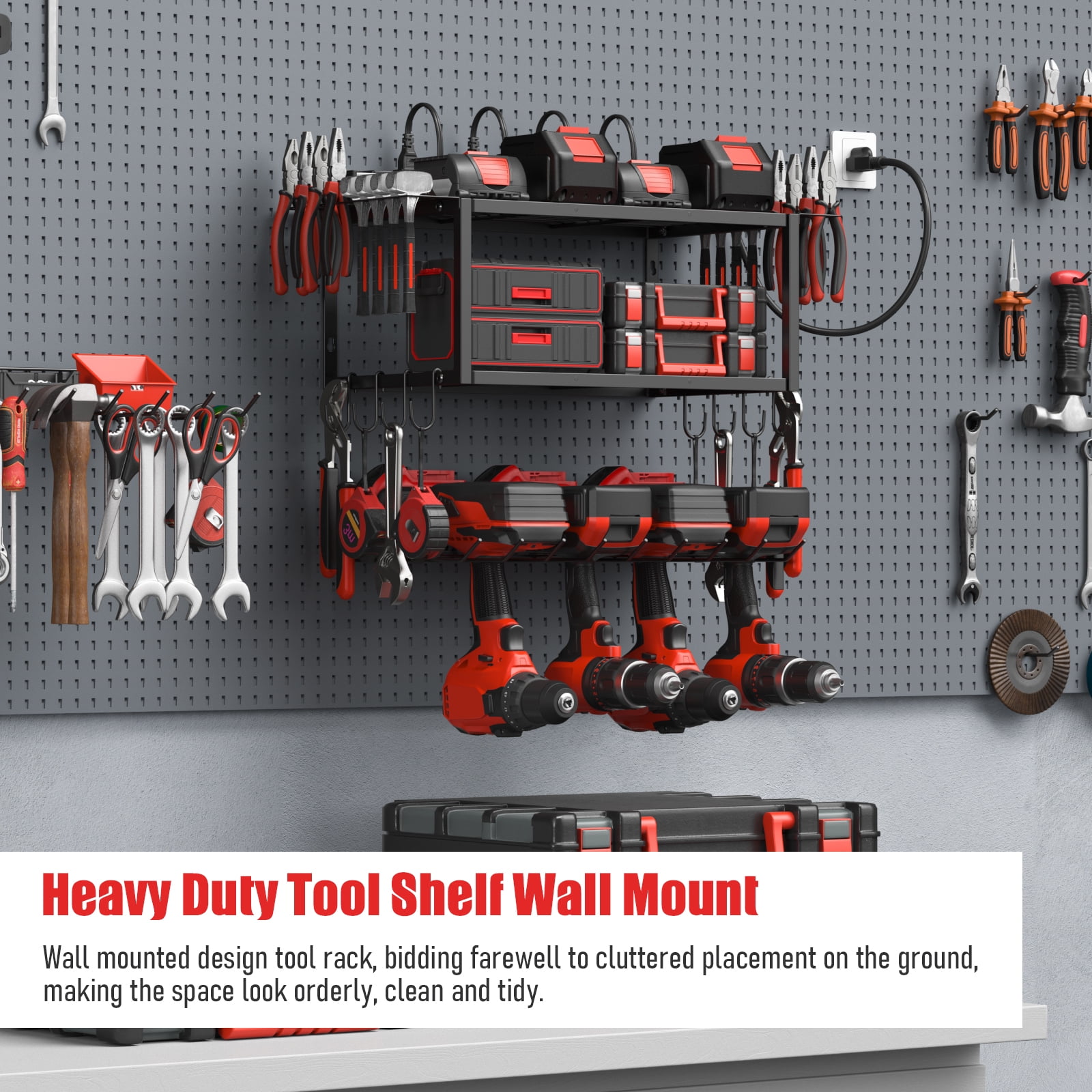 VILONG Power Tool Organizer Wall Mount with Charging Station, 100lb Capacity, 4 Drill Holders & Battery Rack for Garage & Workshop, Fathers Day Gifts for Men(Black)