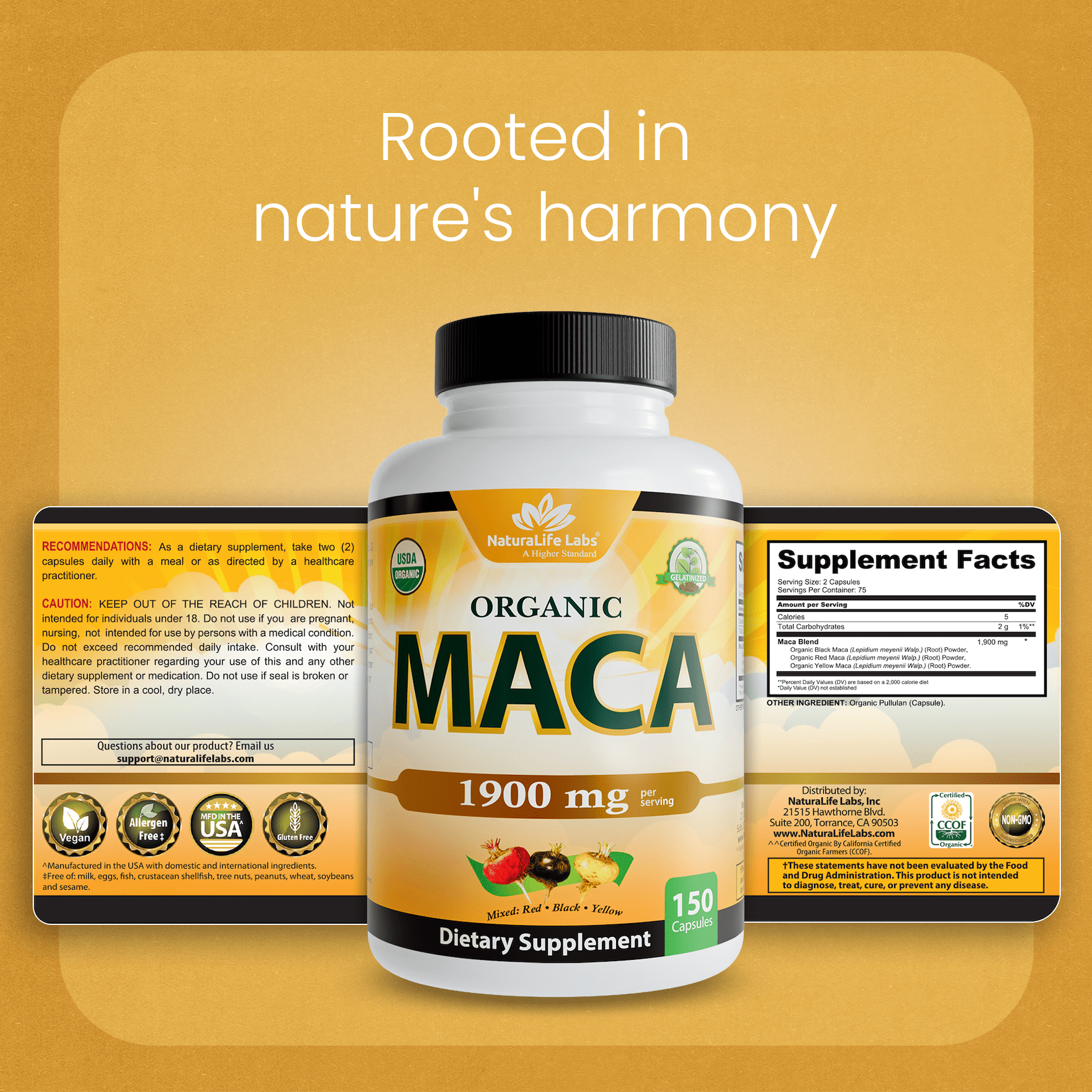 Organic Maca Root Black, Red, Yellow 1900 mg per serving - 150 Vegan Capsules Peruvian Maca Root Gelatinized