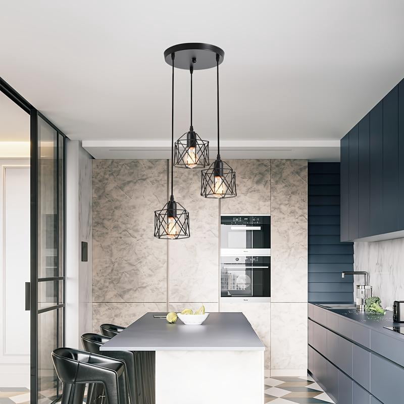 3-Light Pendant Light Fixtures, Farmhouse Kitchen Island Light Fixture, Industrial Hanging Pendant Lighting for Dining Room Bedroom, Black Metal Cage Pendant, E26 Base, Bulbs Not Included