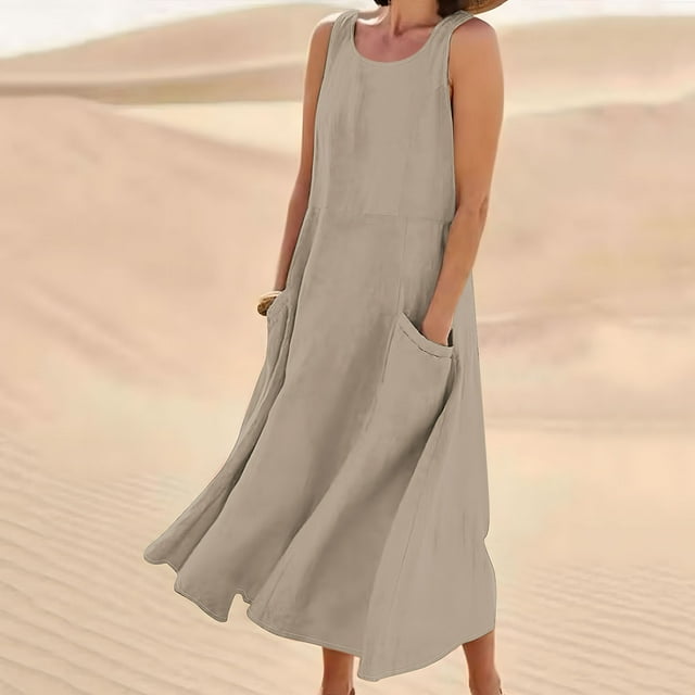 Robe Maxi Sans Manches, Robe Longue en Mélange de Lin à Col Rond avec Poches, Robe d'Été Décontractée pour Femme