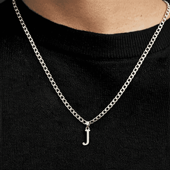 DESIGNICE Initial A-Z Letter Pendant Necklace for Men Silver Plated Capital Initial Necklace Cuban Link Chain 4Mm 20" Jewelry Gift Classic J Necklace Silver