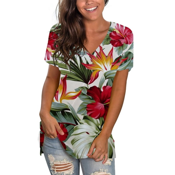 Pntutb Moda Mujer Verano Cuello En V Manga Corta Estampado Casual Camiseta Blusa Pntutb Pntutb-5170