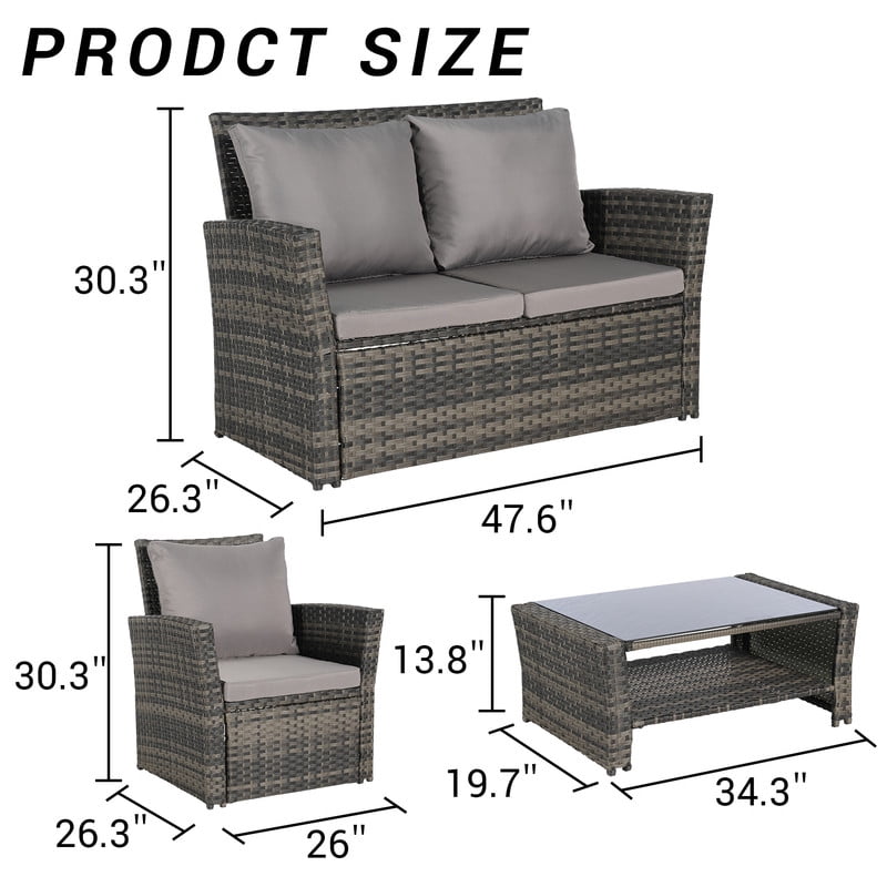 4-Piece Patio Furniture Set, Outdoor Wicker Sectional Sofa Set with Tempered Glass Coffee Table, Outdoor Conversation Set for Backyard Garden
