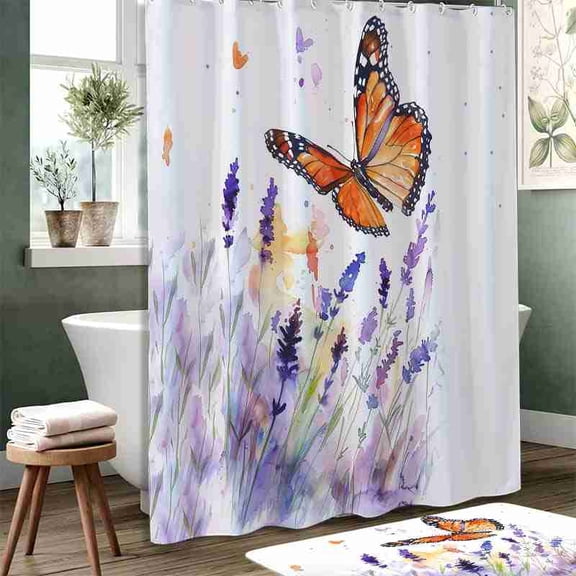 70x70 inch Purple Watercolor Lavender and Monarch Butterfly Shower Curtain, Waterproof Polyester Fabric with Hooks for Bathroom Decor