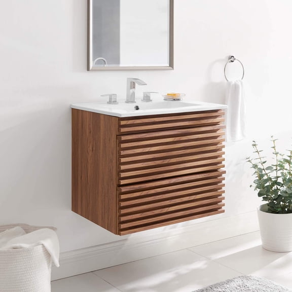 Pemberly Row 24.5" Modern Wood Wall-Mount Bathroom Vanity in Walnut/White