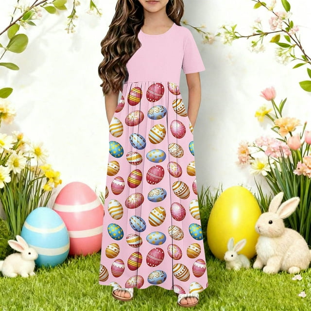 HOZADOIE Robe Fille Imprimé de Pâques Printemps Été Manches Courtes à Blocs de Couleur Patchwork Col Rond Coupe Décontractée Confortable Robes de Fête avec Poches pour 4-14 Ans