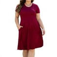 thumbnail image 2 of Aiyino Plus Size Dresses for Curvy Women Short Sleeve Casual Pleated Swing Dresses with Pockets,Wine Red 5XL, 2 of 5
