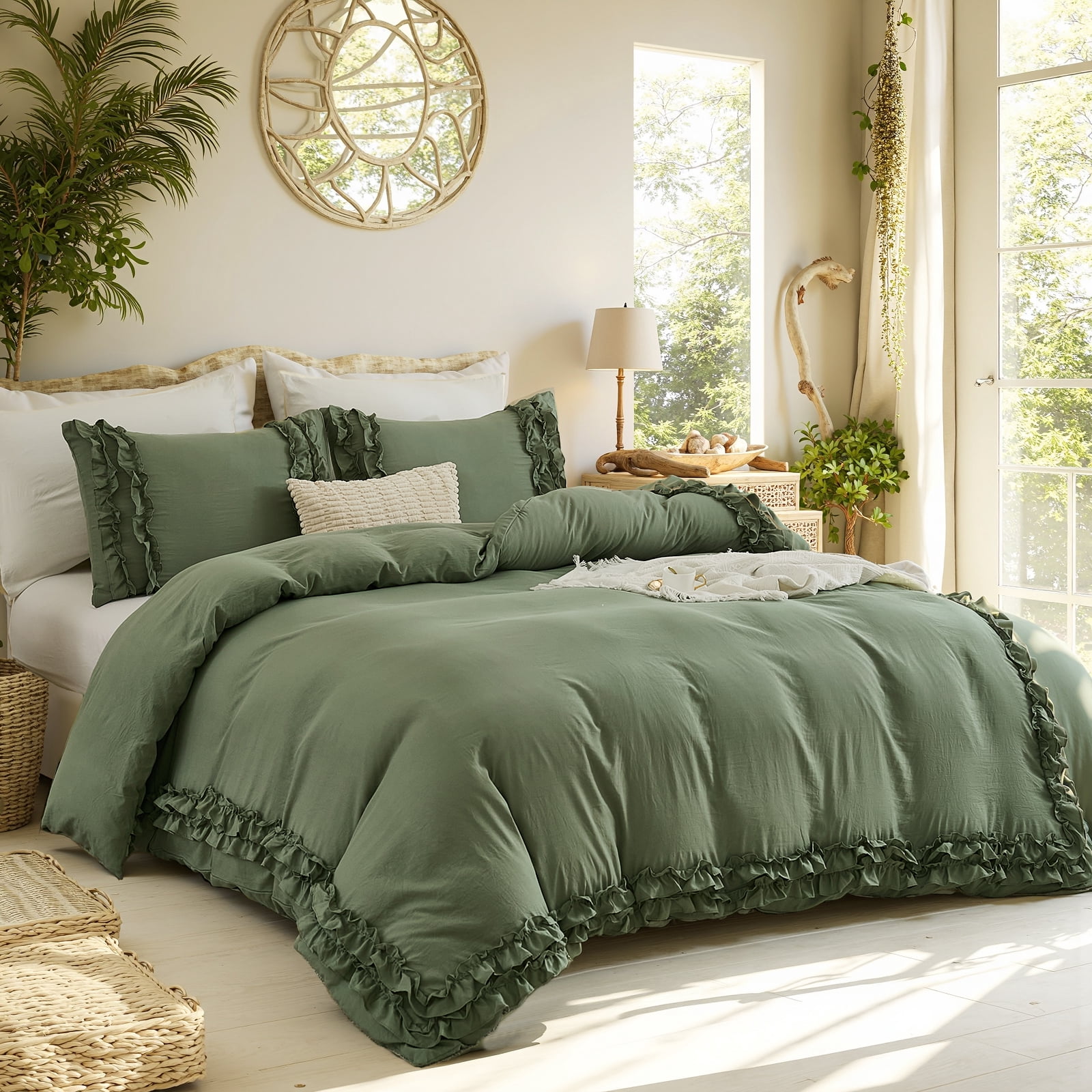 Avocado Green Ruffle Duvet Cover Set Queen Size Shabby Chic Bedding Set Ruffled Farmhouse Avocado Green Comforter Cover Boho Duvet Cover Set