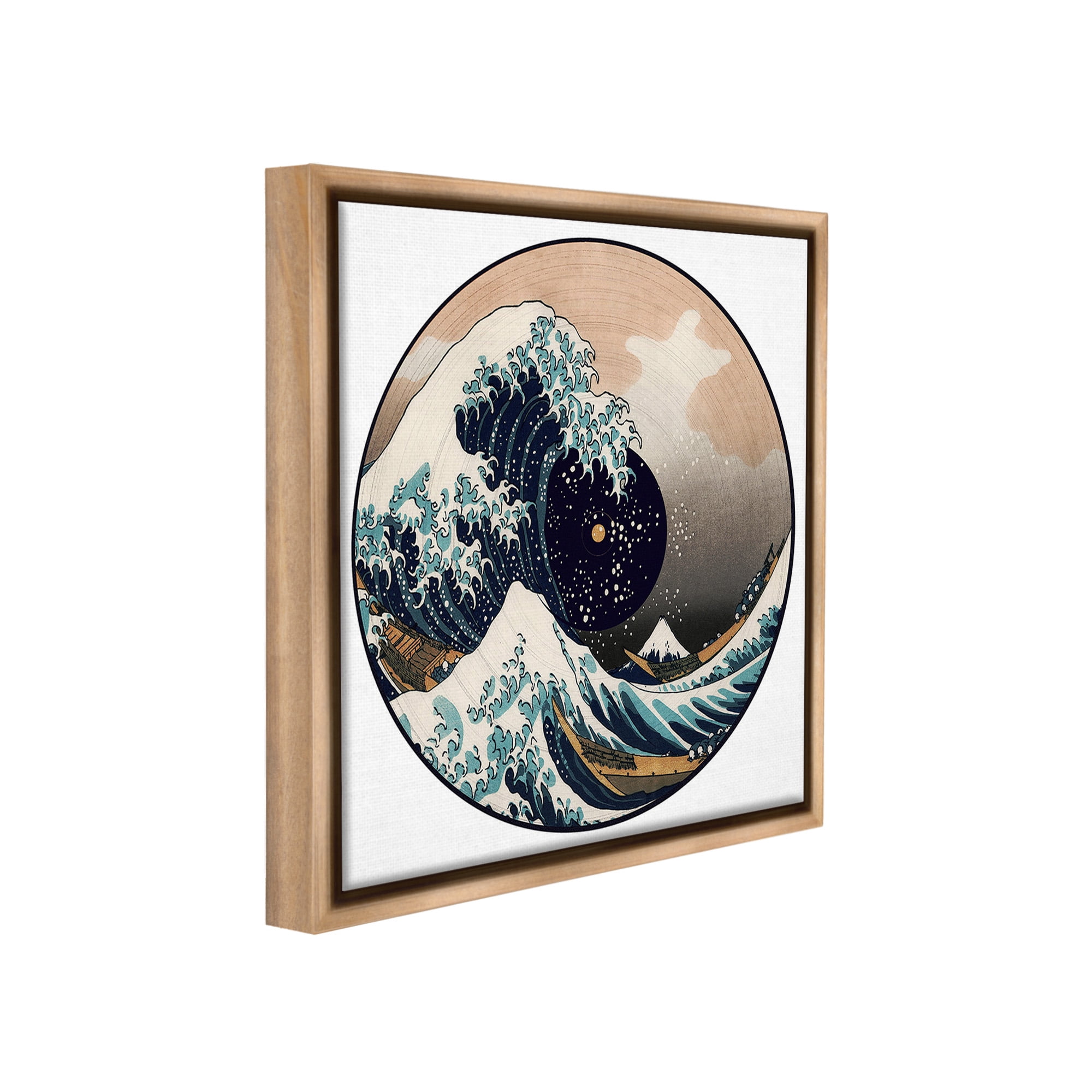 Stupell Industries Japanese Wave Music Record Landscape Painting Brown Floater Framed Canvas Art Print Wall Art, 25 x 25