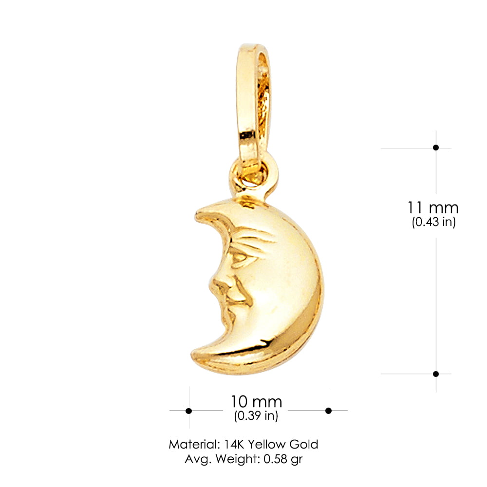 14K Yellow Gold Half Moon Face Charm Pendant with 2mm Figaro 3+1 Chain Necklace