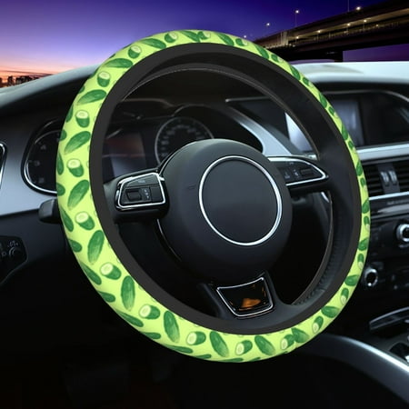 Elastic Steering Wheel Cover Cucumber Pattern green Stretch Thickening Car Steering Wheel Cover Women Men Steering Wheel Protector Universal 15 in