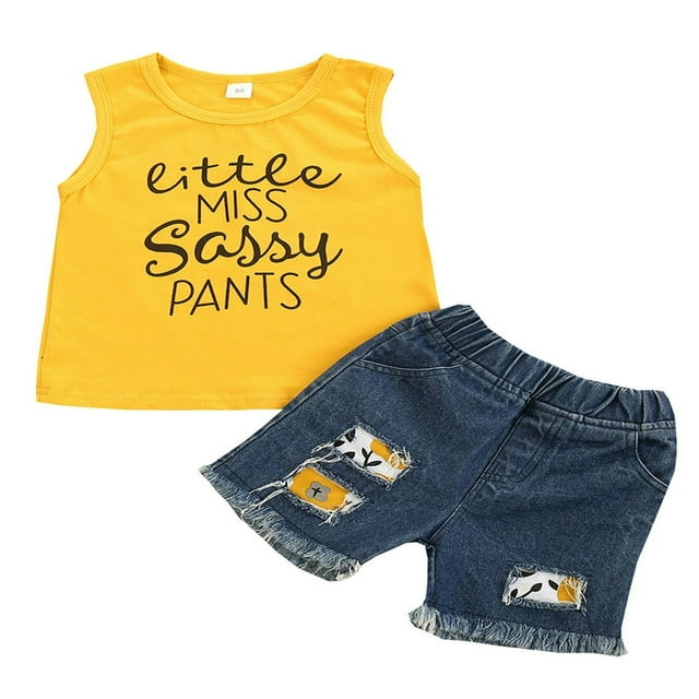 2pcs/Set Toddler Baby Girls Sleeveless Tank Tops Vest and Ripped Denim Shorts Set Kids