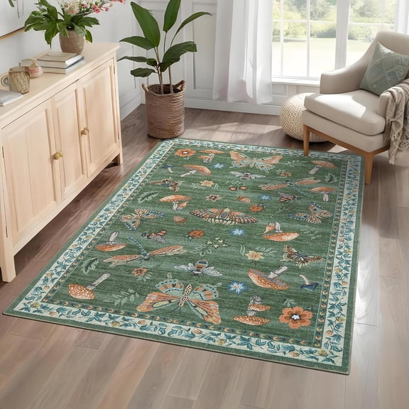 5x7 Mushroom Insect Floral Tufted Area Rug, Non Slip Washable Stain Resistant Low Pile Living Room Bedroom Carpet,green