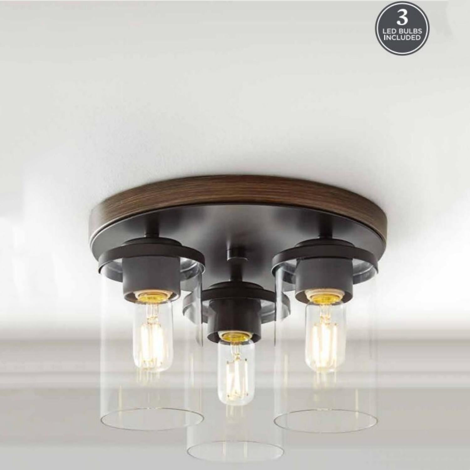 Better Homes & Gardens 12" Farmhouse 3-Light Walnut Flush Mount Ceiling Light, Clear Glass Shades