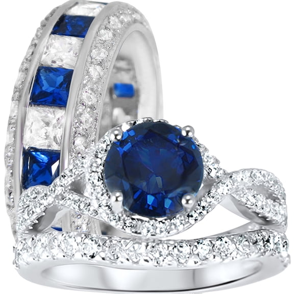 LaRaso & Co His Her Wedding Ring Set TRIO Sterling Silver Blue Sapphire CZ Couples Rings 5/9