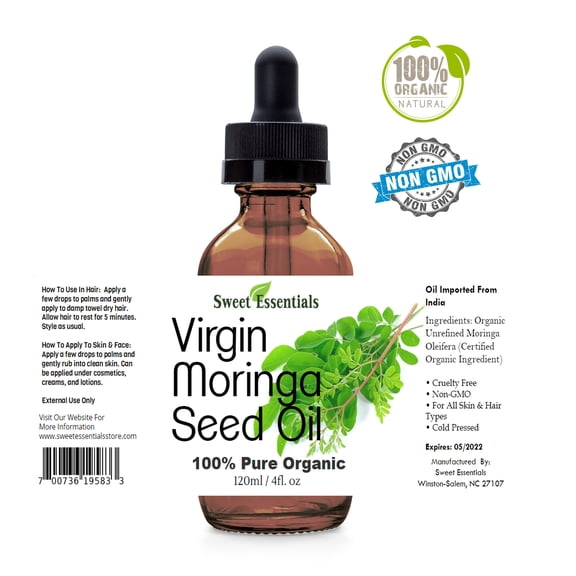 Organic Virgin Unrefined Moringa Seed Oil | 4oz Glass Bottle | Imported from India | 100% Pure | Cold-Pressed | Natural Moisturizer for Skin, Hair and Face | By Sweet Essentials