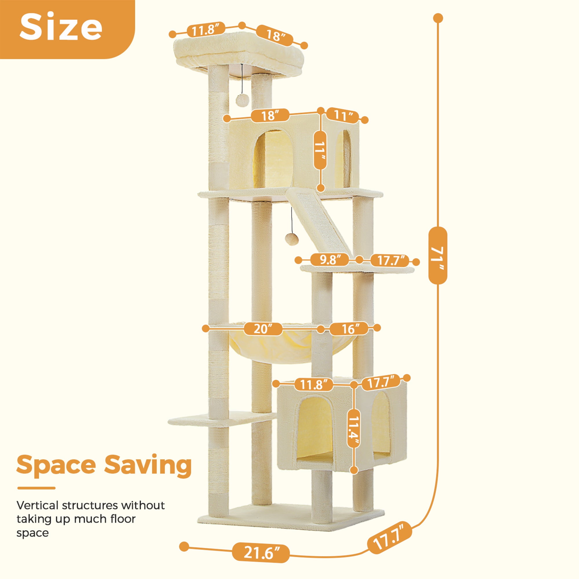 resenkos 71" Large Cat Tree Tower for Indoor Cats, Multi-Level Cat Tree House with Padded Perches, Scratcher, Hammock, 2 Cozy Cat Condos and Scratching Posts, Beige