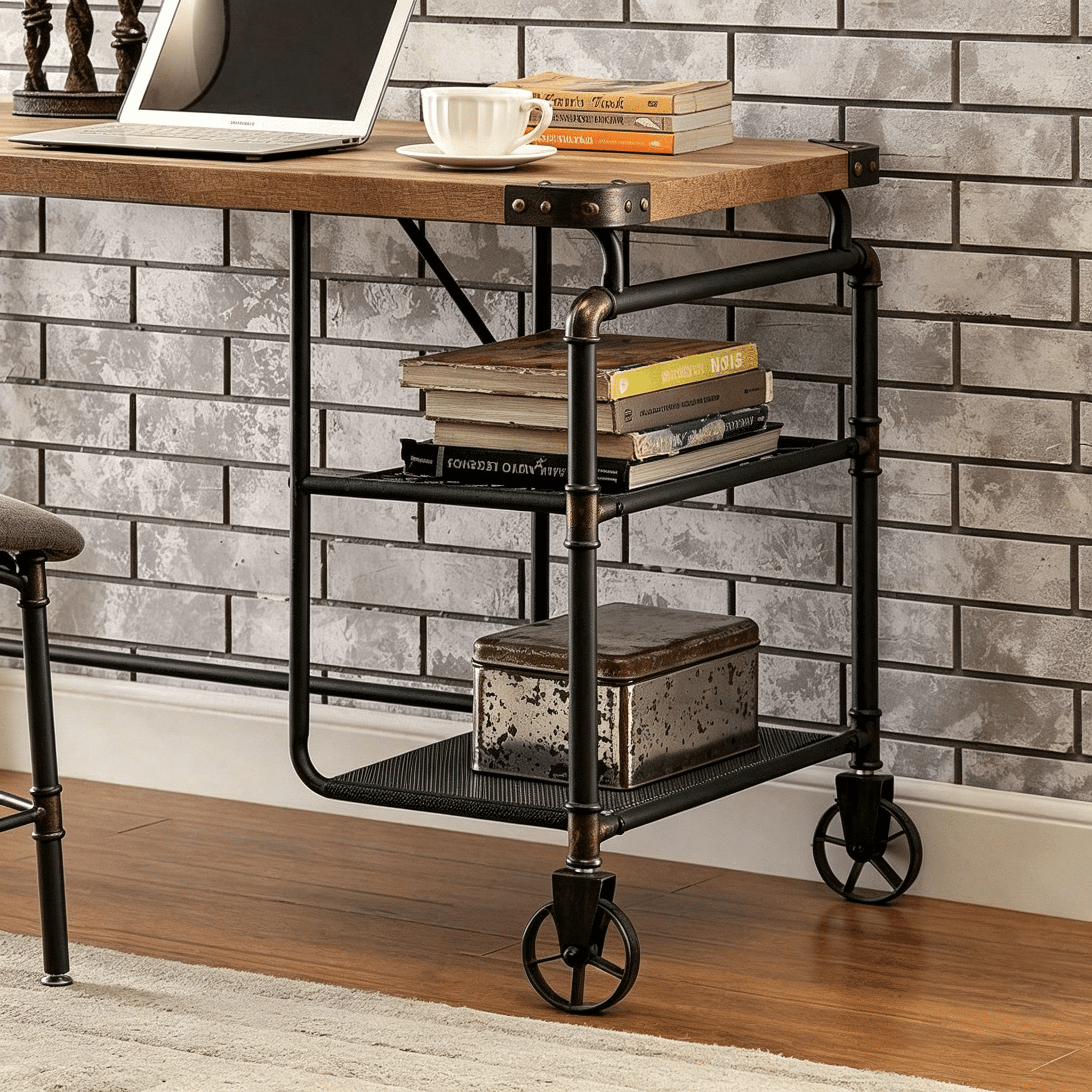 Astoutdoor Industrial Style Desk with Open Shelves and Casters, Antique Black Finish