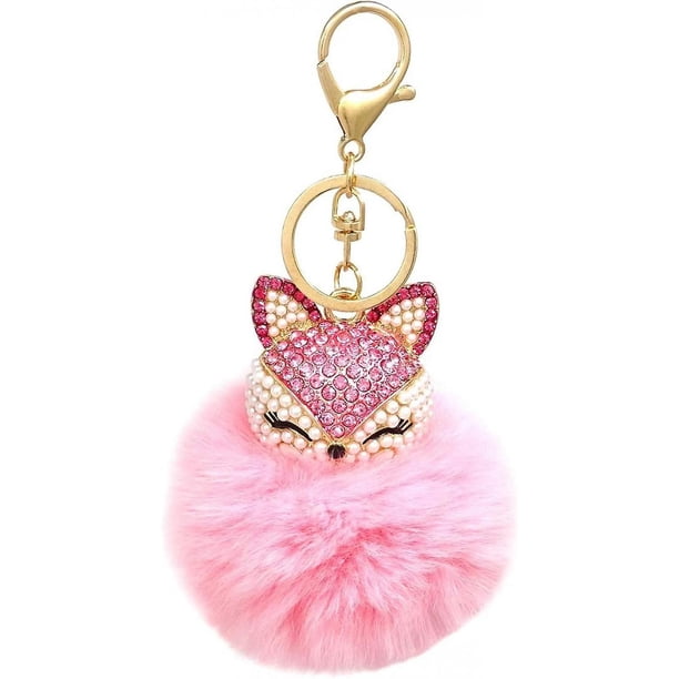 Llavero esponjoso de piel de conejo, llavero de aleación con cabeza de zorro a la moda, bolso de mano con diamantes de imitación brillantes, mochila, llavero de coche