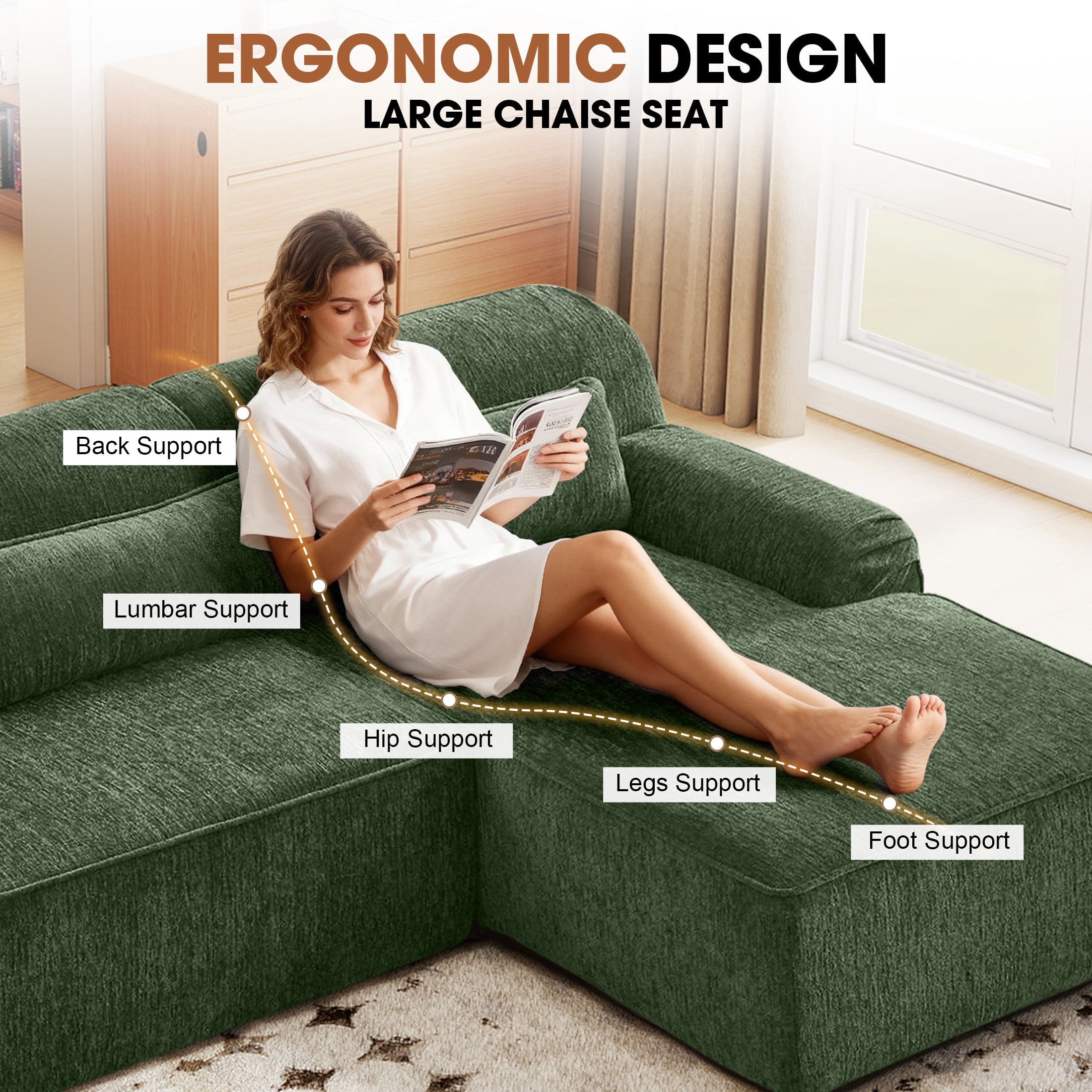 Aukfa 102.4" Chenille Modular Sectional Sofa with Right-Facing Chaise, Deep Seat Couch, No Assembly Required, Green