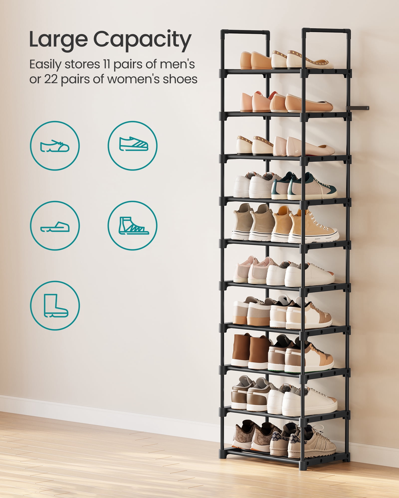 10-Tier Shoe Rack Organizer, Heavy-Duty Metal Storage Shelf, Upright/Upside Down Design for 11-22 Pairs, Space-Savingt, Tool-Free Assembly, Black