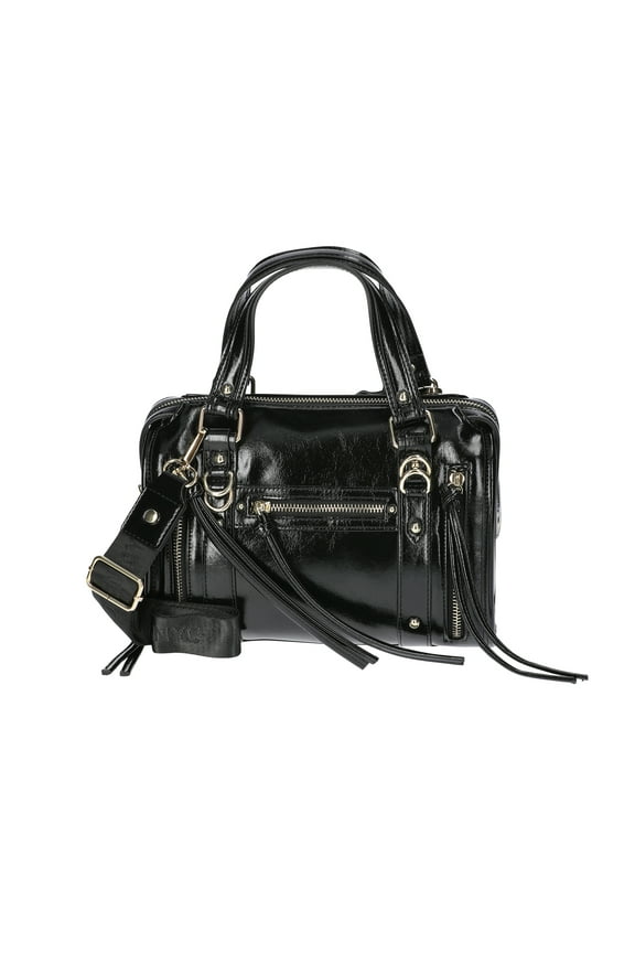 Women's Soft Zipper Satchel Handbag, Black Shine
