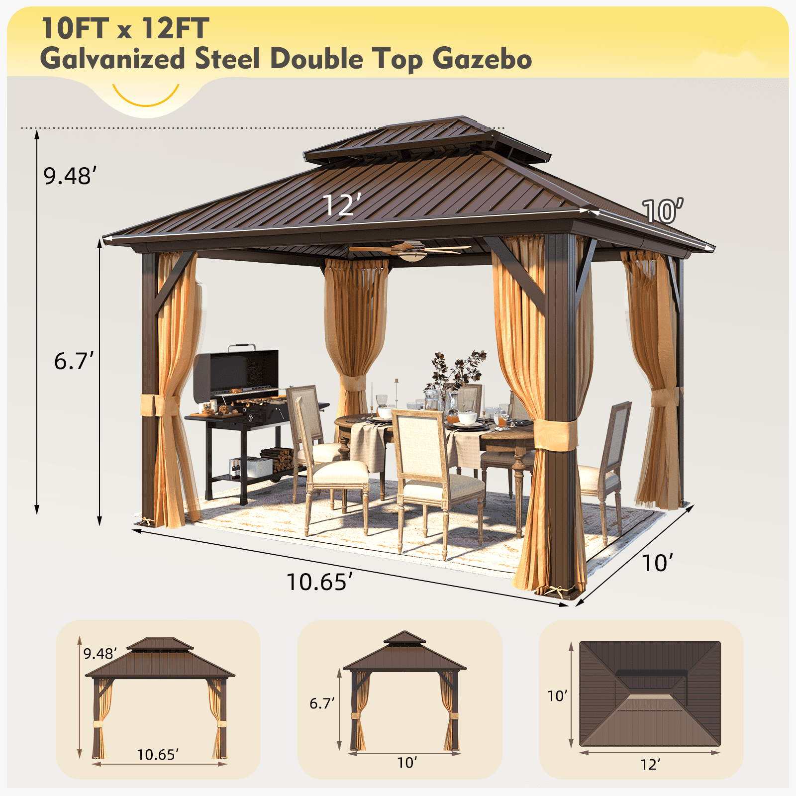 Hommow 10' X 12' Hardtop Gazebo Aluminum Frame Gazebo with Galvanized Steel Double Roof