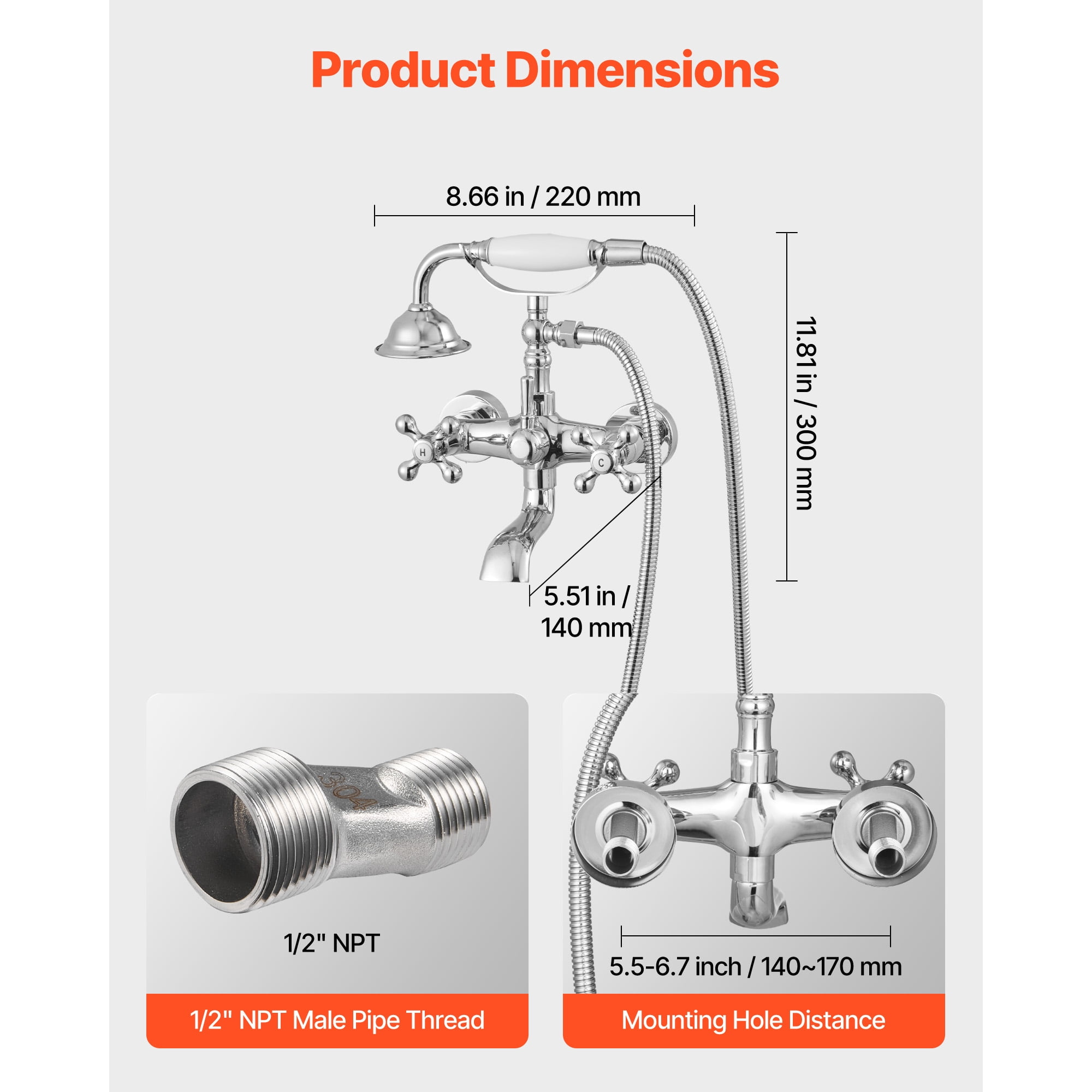 KFFKFF Wall-Mounted Clawfoot Tub Faucet with Handheld Shower, Vintage Polished Chrome Bathtub Filler Kit Featuring Adjustable Swing Arms and 360° Rotating Spout