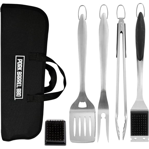 Pork Barrel BBQ Premium BBQ Tool Set - Heavy Duty Stainless Steel Grilling Tools & Grill Accessories with Storage Case