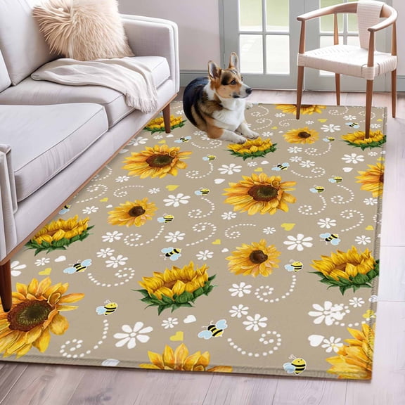 Brown Yellow Sunflower Area Rugs 2.7'x5', Washable Small Throw Rugs for Kitchen Bedroom, Summer Botanical Farmhouse Floral Indoor Outdoor Rug Non-Slip Low Pile Carpet Runner Reversible Floor Mats